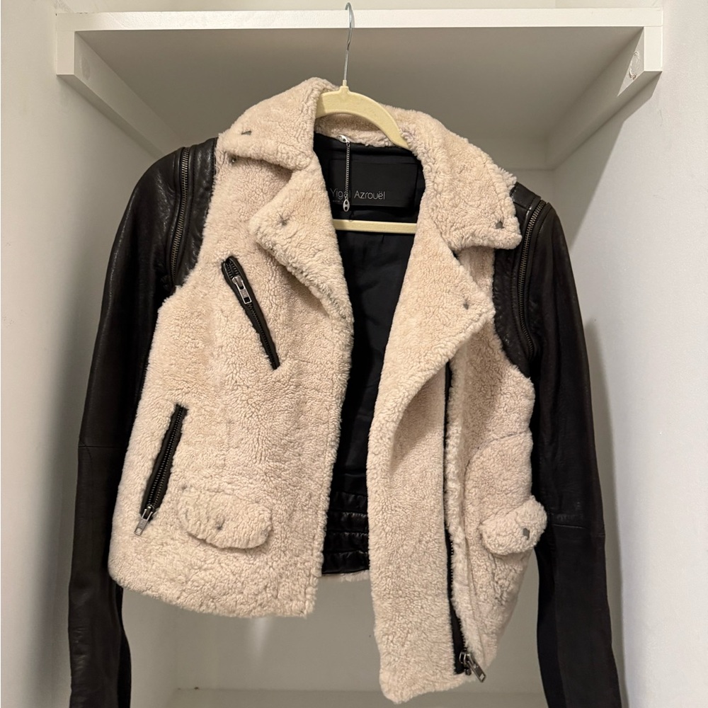 Yigal Azrouel Cream and Black Teddy Jacket Shearling Aviator